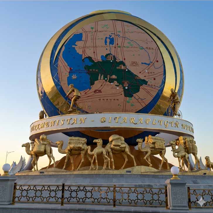 Golden camel caravan and bicycle statues on the modern monument in Ashgabat Turkmenistan