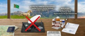 Turkmenistan customs regulations illustration showing prohibited satellite communication devices crossed out, and strong medications that require an official doctor's prescription