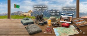 Expedition packing list on a table featuring comfortable clothing, hiking boots, sun protection, a map, and a tablet showing Turkmenistan off-road transport rental against a mountain background
