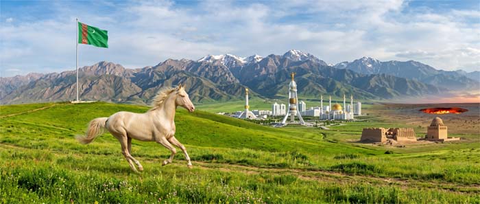 Turkmenistan panorama: a galloping Akhal-Teke horse against mountains, Ashgabat landmarks, and the Darvaza gas crater under the waving national flag