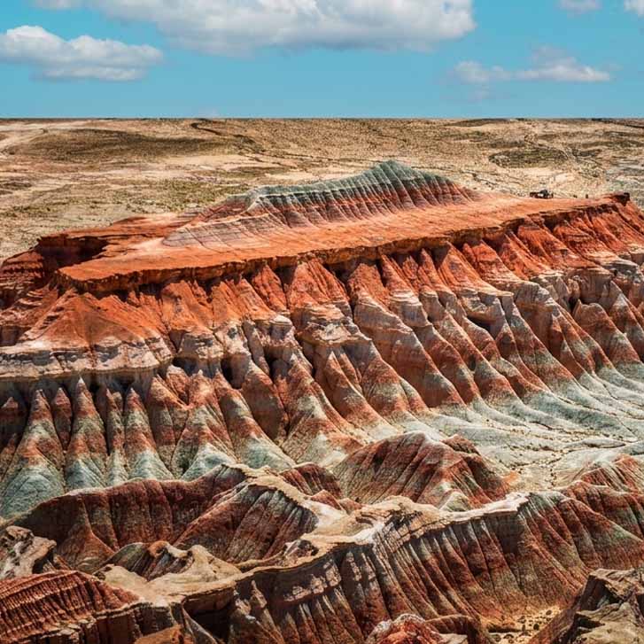Breathtaking panoramic view of the red and white striped rock formations at Yangykala canyon in Turkmenistan